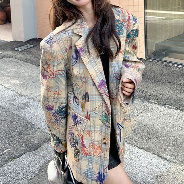 Graffiti Print Loose Casual Single-Breasted Suit Jacket