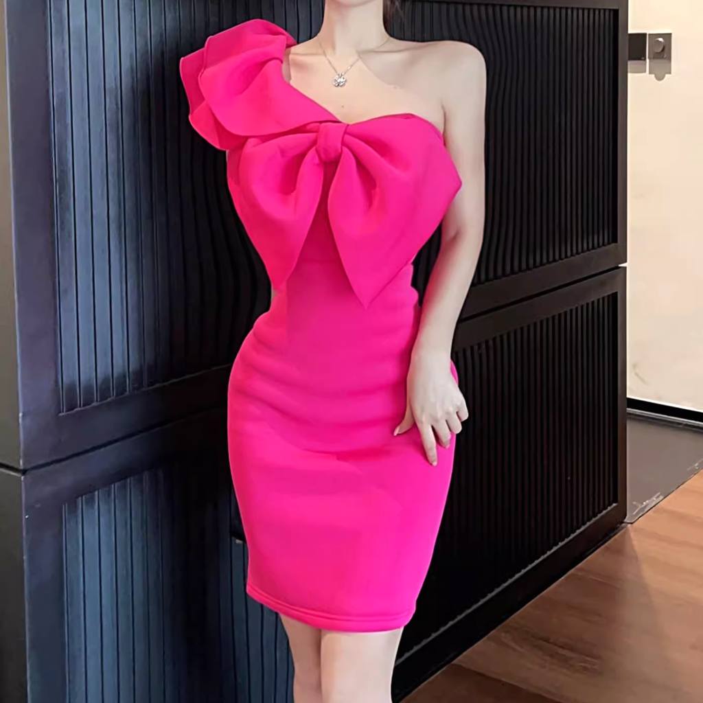 One Shoulder Bow Ruffle Bodycon Dress