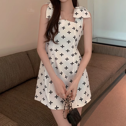 Temperament Fashionable Cross Print Bow Cami Dress