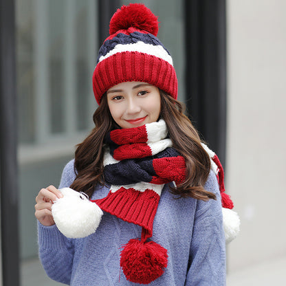 Color Block Knitted Warm Fur Ball Hat Scarf Set