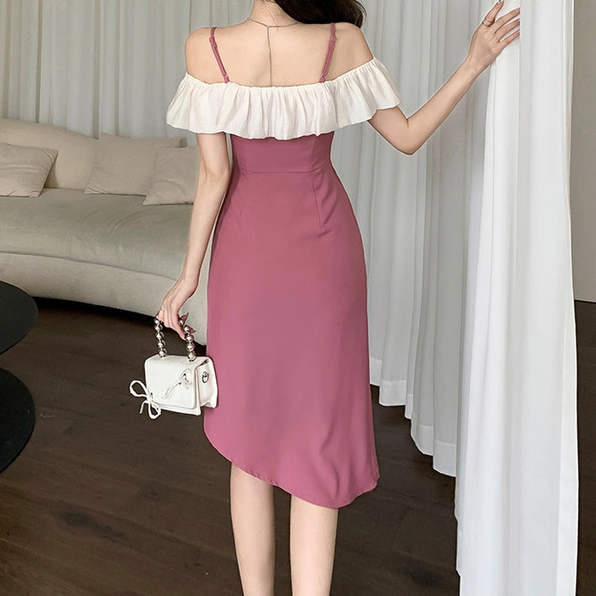 Ruffled Off-Shoulder Irregular Strap Dress