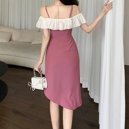 Ruffled Off-Shoulder Irregular Strap Dress