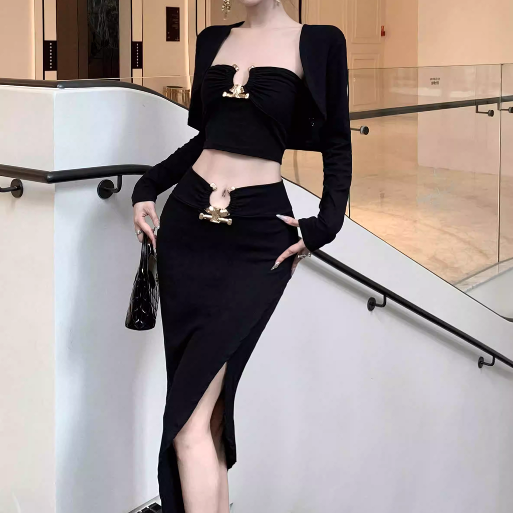 Clavicle-Exposed Tube Top Vest Cape Slit Slim Skirt Set