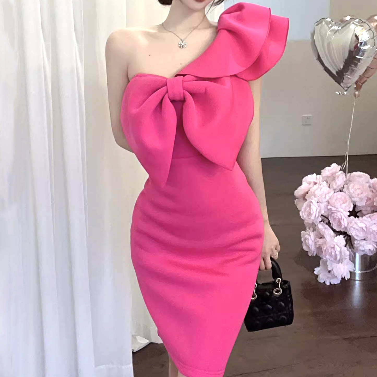 One Shoulder Bow Ruffle Bodycon Dress