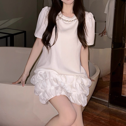 Diamond Round Neck Petal Puff Sleeve T-Shirt Dress