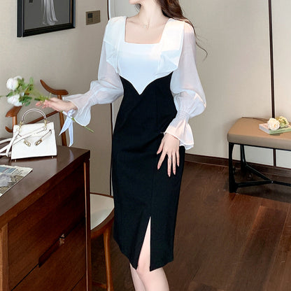 Square Neck Long-Sleeved Color-Blocked Slim Dress