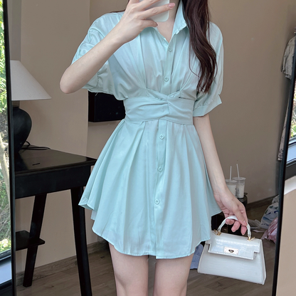 Waist-Tie Lace-Up Short-Sleeved Shirt Dress