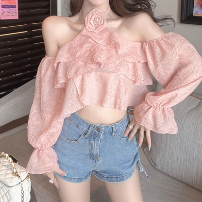 Off-The-Shoulder Floral Ruffle Halterneck Chiffon Top