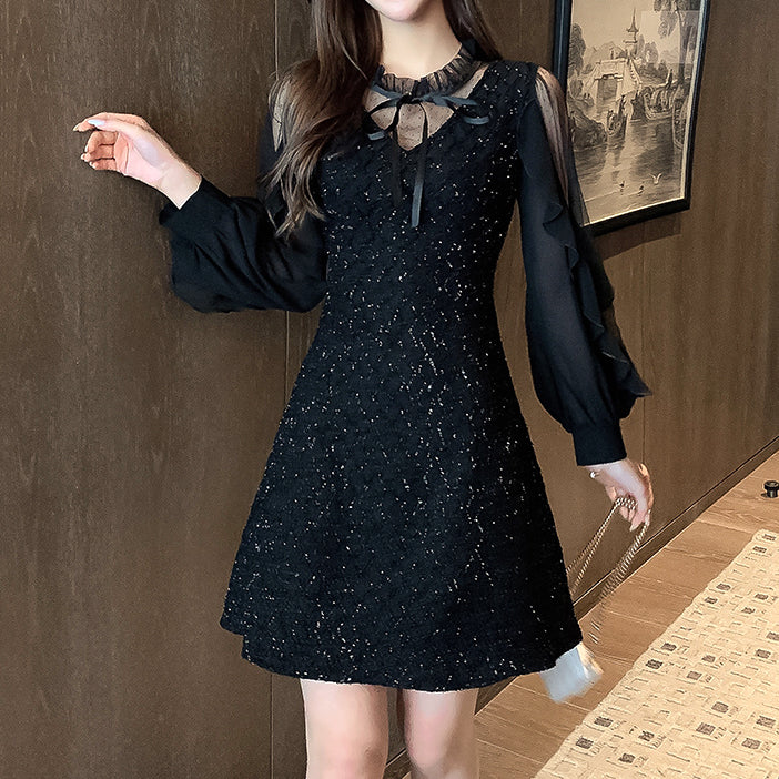 Lotus Leaf Long Sleeve Neck V Neck Dress