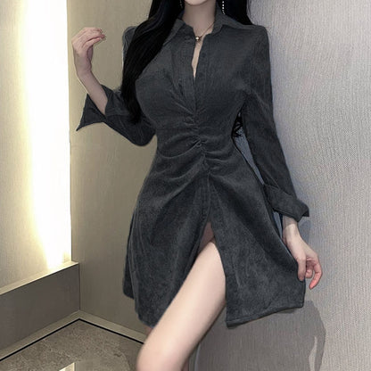 Split Pleated Irregular Waist Shirt Dress