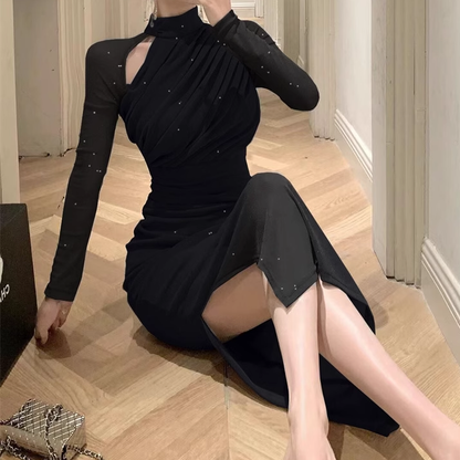 Hollow Glittering Pleated Slim Mesh Dress