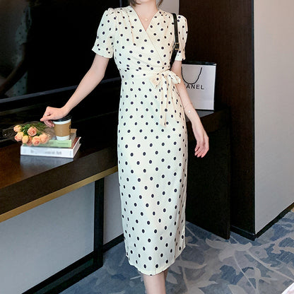 Polka Dot V-Neck Slim Puff Sleeve Lace-Up Dress