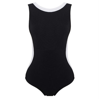 Conservative Color-Block Open-Back Swimsuit