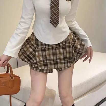 Slim Long-Sleeved T-Shirt Tie Plaid Skirt Set