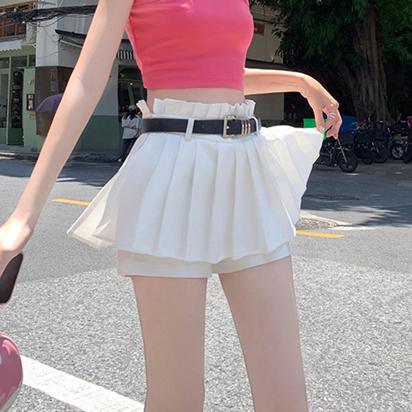 Solid Color Belt High Waist Slim Pleated Skirt