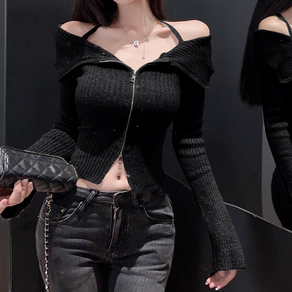 Double Zipper Slim Off-Shoulder Halter Neck Knit Top