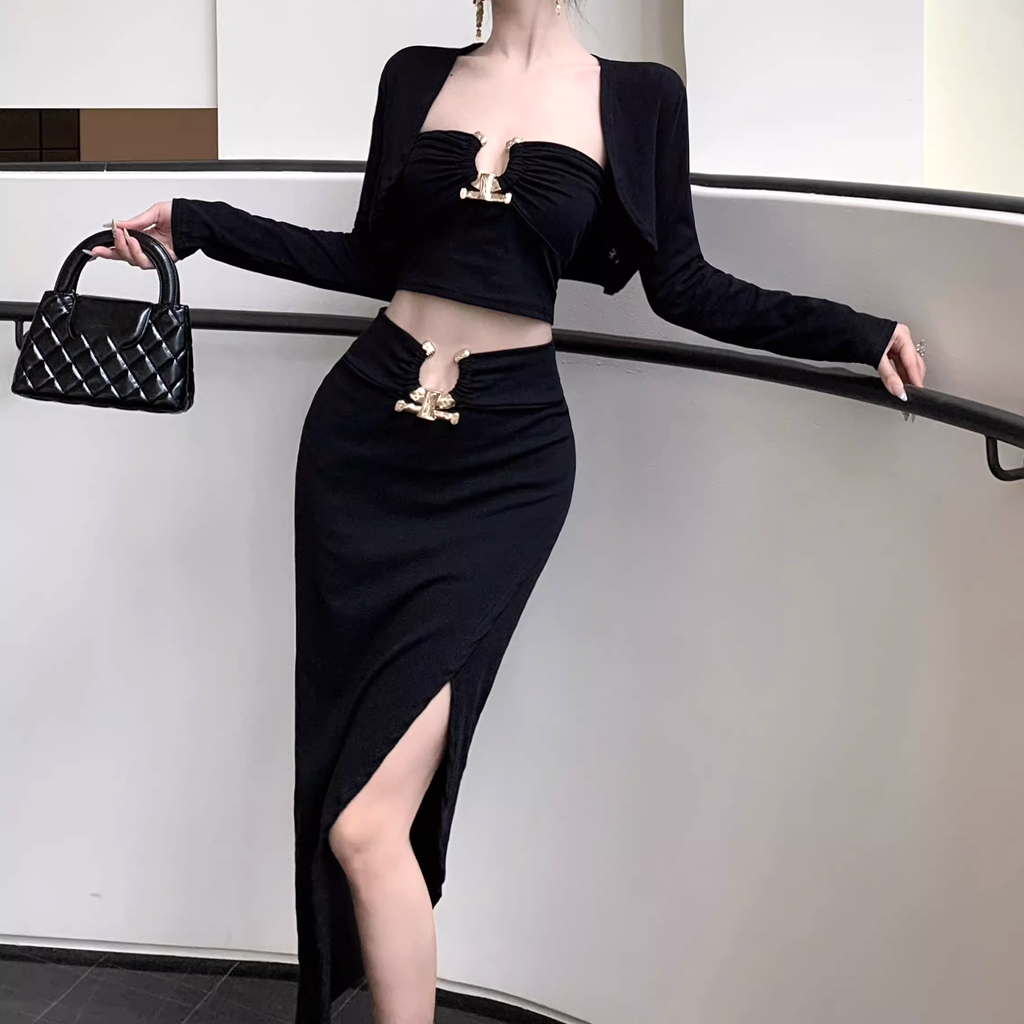 Clavicle-Exposed Tube Top Vest Cape Slit Slim Skirt Set