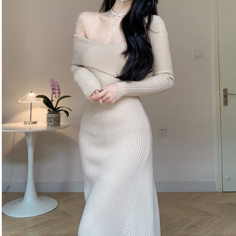 Chain One Shoulder Slim Long Sleeve Knitted Dress