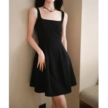 Sleeveless Square Neck High Waisted Black Dress