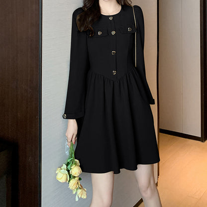 Long-Sleeved High-Waisted Slim Pocket Elegant Dress