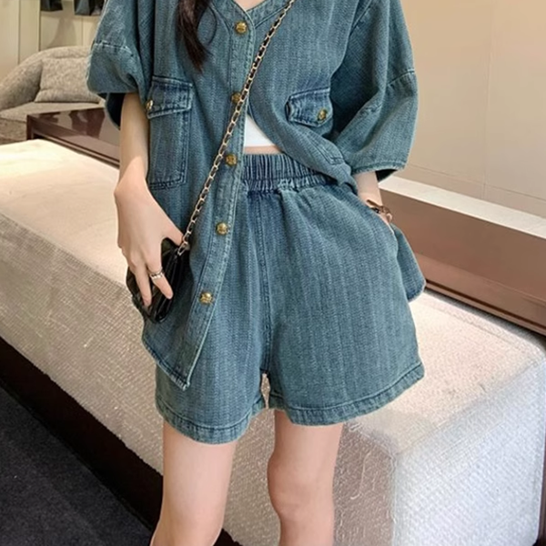 Loose V-Neck Denim Top Wide-Leg Shorts Set