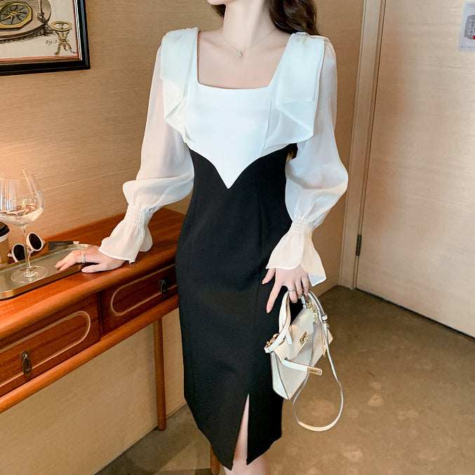 Square Neck Long-Sleeved Color-Blocked Slim Dress