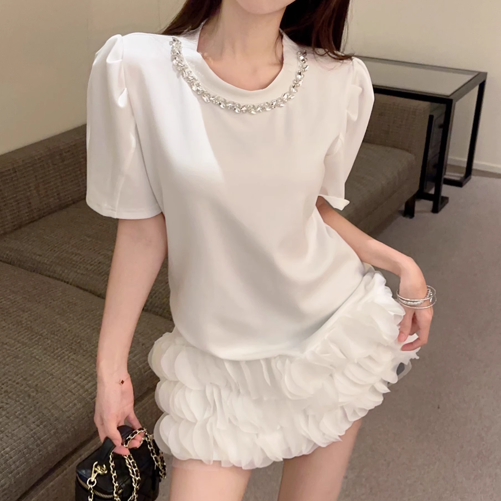 Diamond Round Neck Petal Puff Sleeve T-Shirt Dress