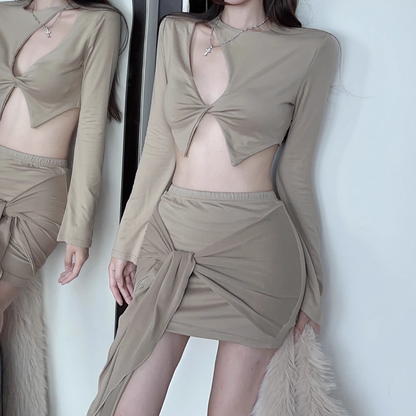 Irregular Hollow Slim-Fitting Top Ribbon Skirt Set