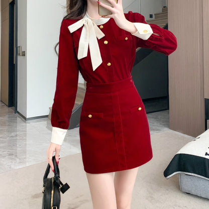 Velvet Bow Top Slim Fit Short Skirt Set