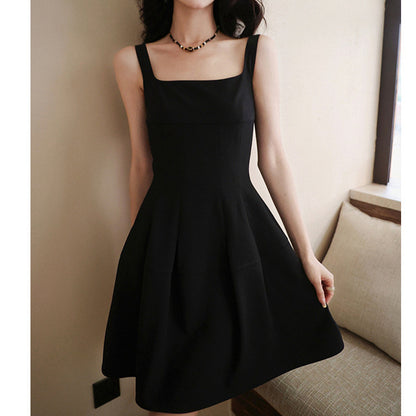 Sleeveless Square Neck High Waisted Black Dress