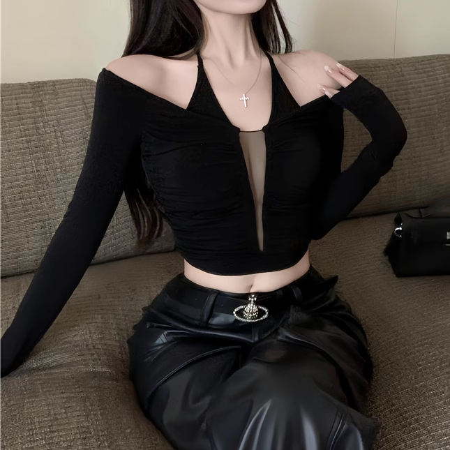 Long-Sleeved Mesh Off-Shoulder Slim T-Shirt Top