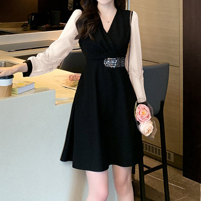 Puff Sleeve Splicing V-Neck Slim Temperament Dress