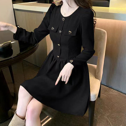 Long-Sleeved High-Waisted Slim Pocket Elegant Dress