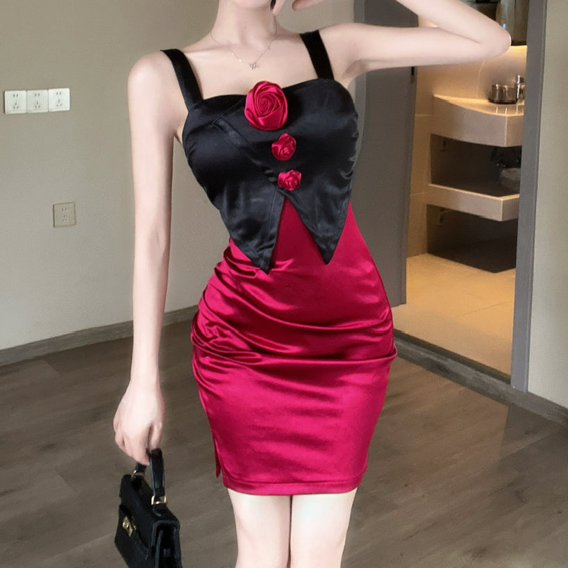 Satin Camisole Contrasting Hip-Hugging Short Dress