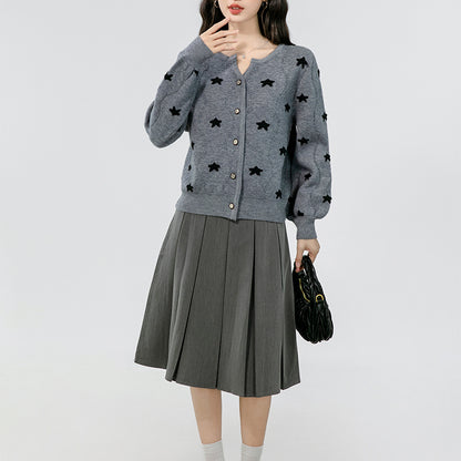 Gray Embroidered Five-Pointed Star Knitted Cardigan