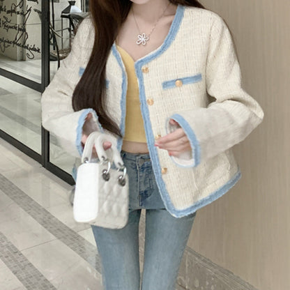 Denim Splicing Coat High-End Tweed Long Sleeve Top