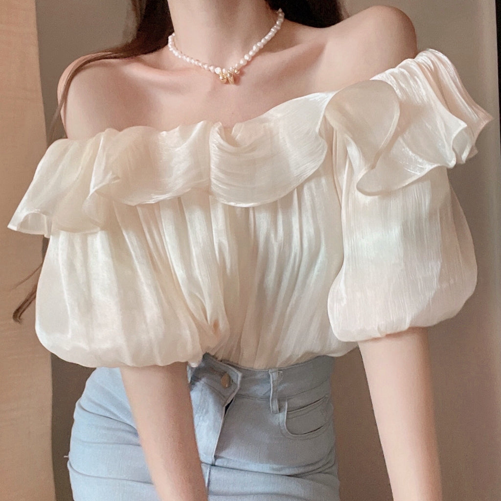 One-Line Collar Top Ruffled Off-Shoulder Chiffon Shirt