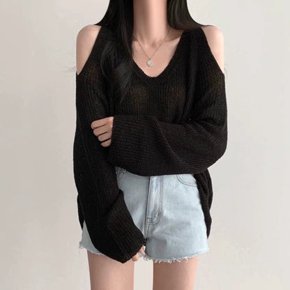 Off-Shoulder Loose V-Neck Long-Sleeved Knitted Top