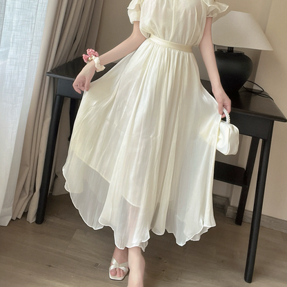 Off-Shoulder Pearl Top Chiffon High Waist Skirt Set