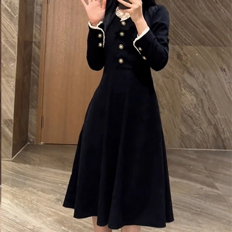 Black Inner Wear Ruffled Long-Sleeved Dress