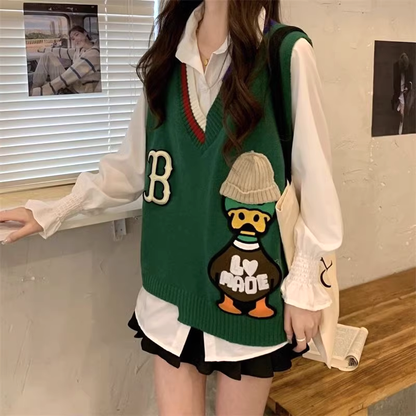 Cartoon Color Block V-Neck Loose Sweater Vest