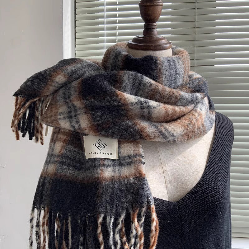 British Style Maillard Plaid Tassel Warm Scarf