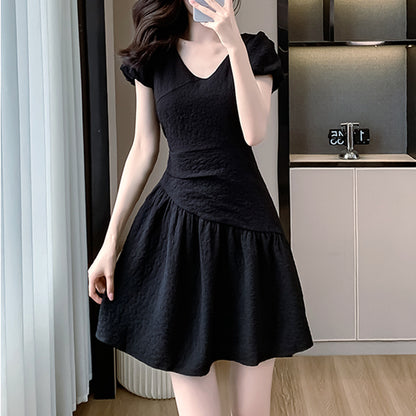 Solid Color V-Neck Puff Sleeve Pleated Dress