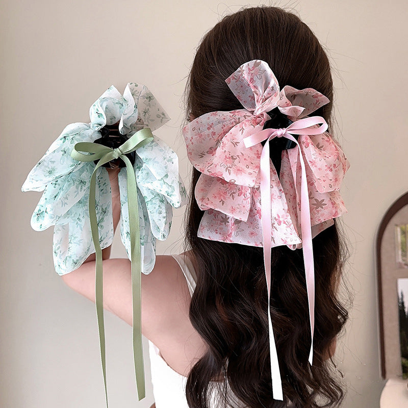 Floral Bow Ribbon Hairpin At The Back Of The Head