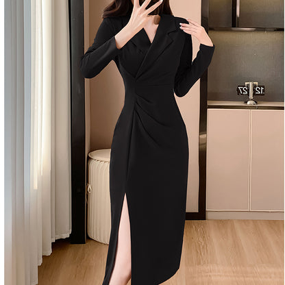 Suit Collar Waist Slit Pleated Long Dress