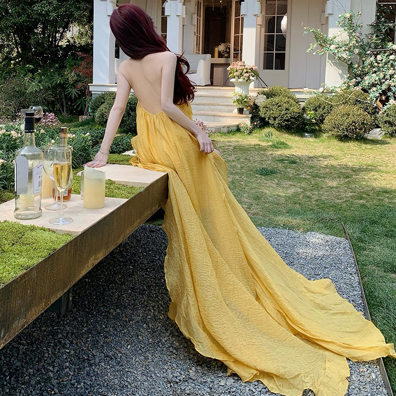 Yellow Sexy Backless Halter Dress