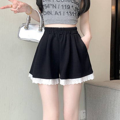 Lace Elastic Waist Pocket Casual Shorts