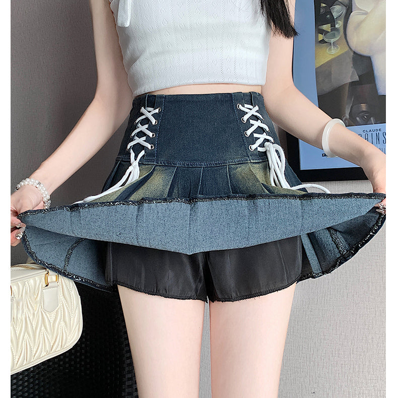 Tie High Waist Pleated A-Line Denim Skirt