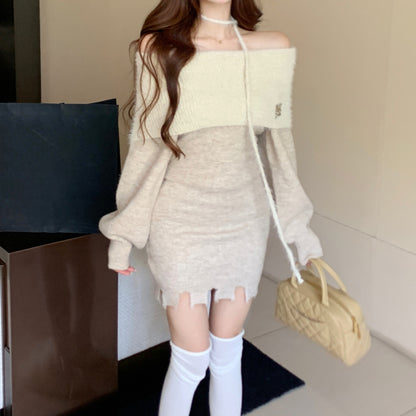 Lantern Long Sleeve Dress Off-Shoulder Sweater