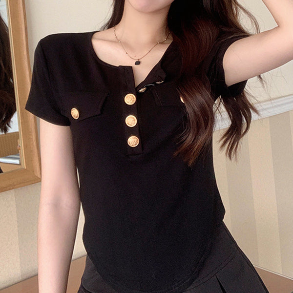 Solid Color Short Sleeve T-Shirt Irregular Top